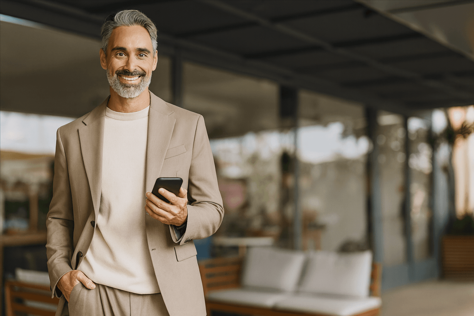Professional man in business attire holding smartphone